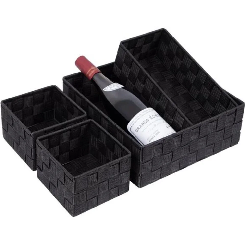 Woven Storage Baskets Set of 4 Black Organizer Bins for Drawer Closet Shelf